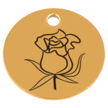 Edelstahl Anhänger, Rund, Durchmesser 15 mm, Motiv Geburtsblume Monat Juni Rose, goldfarben