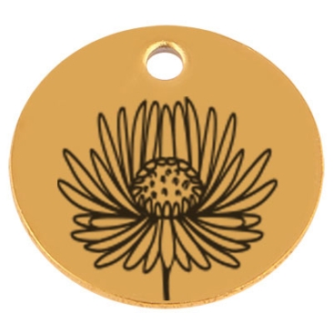 Edelstahl Anhänger, Rund, Durchmesser 15 mm, Motiv Geburtsblume Monat September Aster, goldfarben