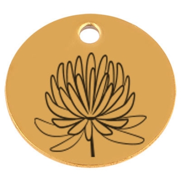 Edelstahl Anhänger, Rund, Durchmesser 15 mm, Motiv Geburtsblume Monat November Chrysantheme, goldfarben
