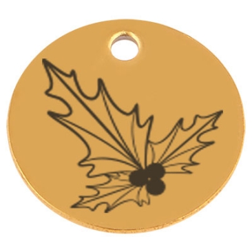 Edelstahl Anhänger, Rund, Durchmesser 15 mm, Motiv Geburtsblume Monat Dezember Stechpalme, goldfarben