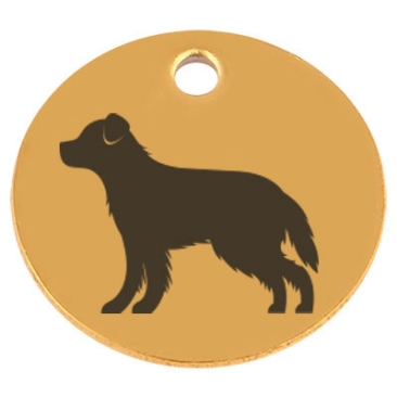 Edelstahl Anhänger, Rund, Durchmesser 15 mm, Motiv Hunderasse "Australian Shepherd", goldfarben