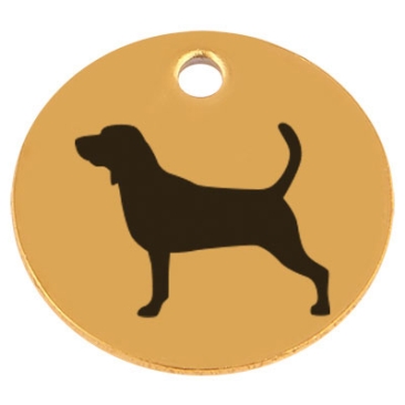 Edelstahl Anhänger, Rund, Durchmesser 15 mm, Motiv Hunderasse "Beagle", goldfarben