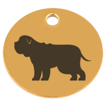 Edelstahl Anhänger, Rund, Durchmesser 15 mm, Motiv Hunderasse "Bulldogge", goldfarben