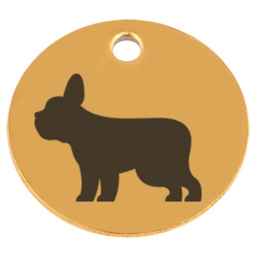 Edelstahl Anhänger, Rund, Durchmesser 15 mm, Motiv Hunderasse "Französische Bulldogge", goldfarben