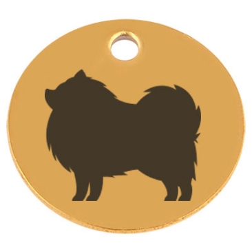 Edelstahl Anhänger, Rund, Durchmesser 15 mm, Motiv Hunderasse "Pomeranian", goldfarben