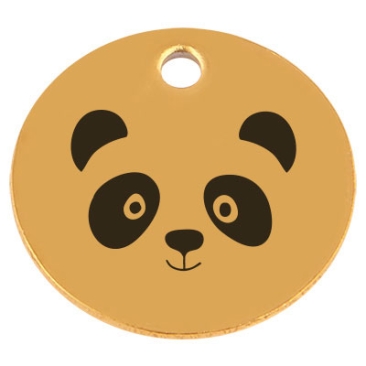 Edelstahl Anhänger, Rund, Durchmesser 15 mm, Motiv "Panda", goldfarben