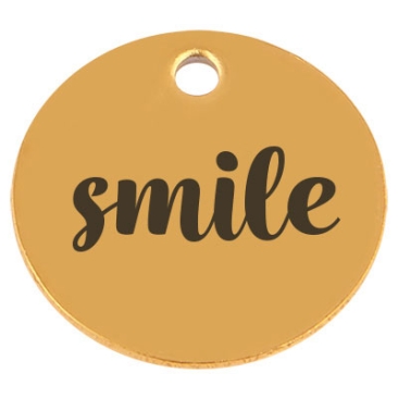Edelstahl Anhänger, Rund, Durchmesser 15 mm, Motiv "Smile", goldfarben