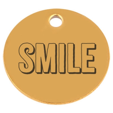 Edelstahl Anhänger, Rund, Durchmesser 15 mm, Motiv "Smile", goldfarben