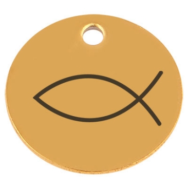 Edelstahl Anhänger, Rund, Durchmesser 15 mm, Motiv "Fisch", goldfarben