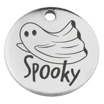 Edelstahl Anhänger, Rund, Durchmesser 15 mm, Motiv "Halloween Gespenst Spooky", silberfarben