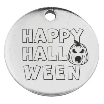 Edelstahl Anhänger, Rund, Durchmesser 15 mm, Motiv "Happy Halloween Kürbis", silberfarben