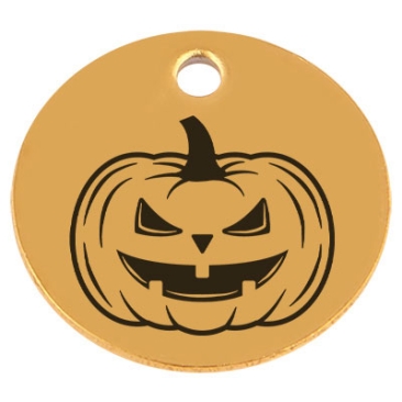 Edelstahl Anhänger, Rund, Durchmesser 15 mm, Motiv "Halloween Kürbis", goldfarben