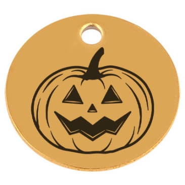 Edelstahl Anhänger, Rund, Durchmesser 15 mm, Motiv "Halloween Kürbis", goldfarben