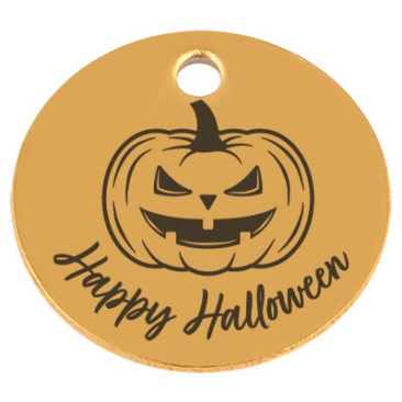 Edelstahl Anhänger, Rund, Durchmesser 15 mm, Motiv "Happy Halloween Kürbis", goldfarben