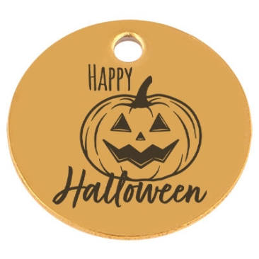 Edelstahl Anhänger, Rund, Durchmesser 15 mm, Motiv "Happy Halloween Kürbis", goldfarben