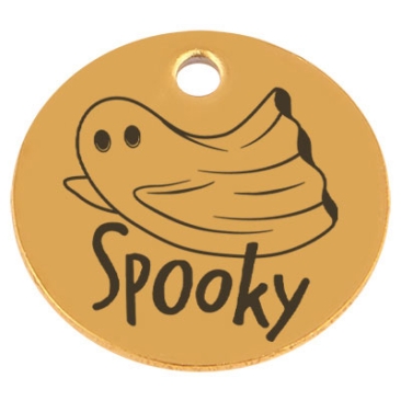Edelstahl Anhänger, Rund, Durchmesser 15 mm, Motiv "Halloween Gespenst Spooky", goldfarben
