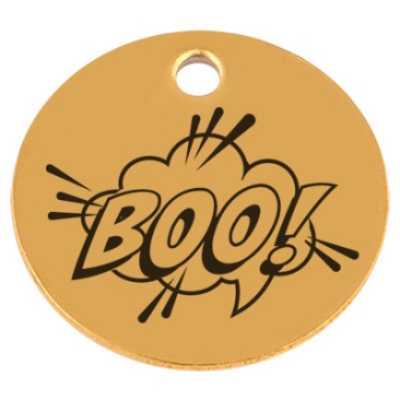 Edelstahl Anhänger, Rund, Durchmesser 15 mm, Motiv "Halloween BOO!", goldfarben