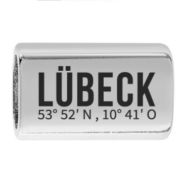 Long intermediate piece with engraving "Lübeck with coordinates", 22.0 x 13.0 mm, silver-plated, suitable for 5 mm sail rope