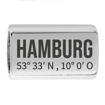 Longue pièce intermédiaire avec gravure "Hambourg avec coordonnées", 22,0 x 13,0 mm, argentée, convient pour corde à voile de 5 mm