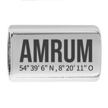 Long intermediate piece with engraving "Amrum with coordinates", 22.0 x 13.0 mm, silver-plated, suitable for 5 mm sail rope