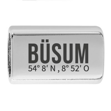 Long intermediate piece with engraving "Büsum with coordinates", 22.0 x 13.0 mm, silver-plated, suitable for 5 mm sail rope