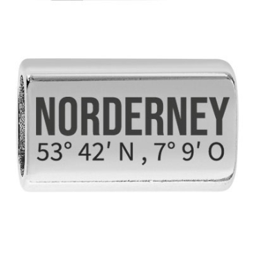 Long intermediate piece with engraving "Norderney with coordinates", 22.0 x 13.0 mm, silver-plated, suitable for 5 mm sail rope
