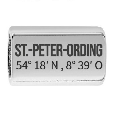 Langes Zwischenstück mit Gravur "St.-Peter-Ording mit Koordinaten", 22,0 x 13,0 mm, versilbert, geeignet für 5 mm Segelseil