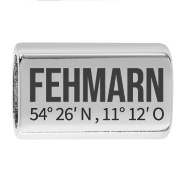 Long intermediate piece with engraving "Fehmarn with coordinates", 22.0 x 13.0 mm, silver-plated, suitable for 5 mm sail rope
