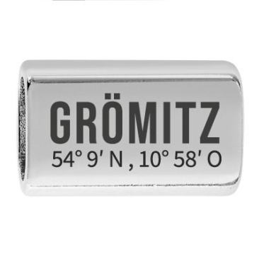 Langes Zwischenstück mit Gravur "Grömitz mit Koordinaten", 22,0 x 13,0 mm, versilbert, geeignet für 5 mm Segelseil