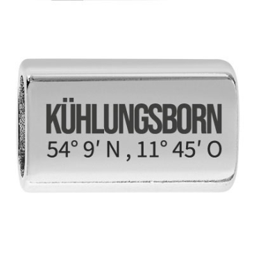 Longue pièce intermédiaire avec gravure "Kühlungsborn avec coordonnées", 22,0 x 13,0 mm, argentée, convient pour corde à voile de 5 mm