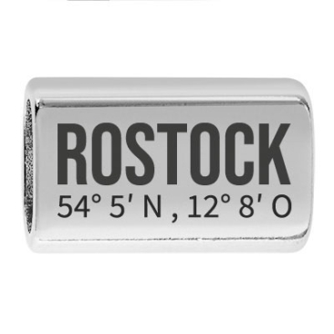 Long intermediate piece with engraving "Rostock with coordinates", 22.0 x 13.0 mm, silver-plated, suitable for 5 mm sail rope