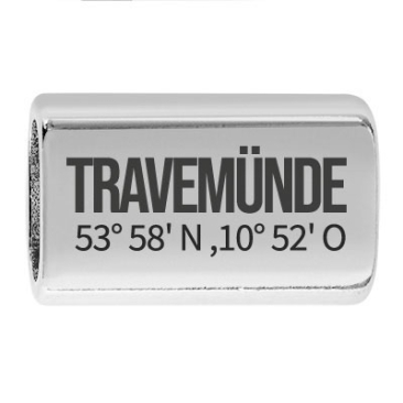 Long intermediate piece with engraving "Travemünde with coordinates", 22.0 x 13.0 mm, silver-plated, suitable for 5 mm sail rope