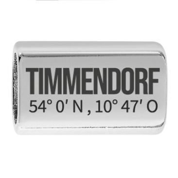 Lang tussenstuk met gravure "Timmendorf mit Koordinaten", 22,0 x 13,0 mm, verzilverd, geschikt voor 5 mm zeiltouw