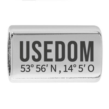 Long intermediate piece with engraving "Usedom with coordinates", 22.0 x 13.0 mm, silver-plated, suitable for 5 mm sail rope