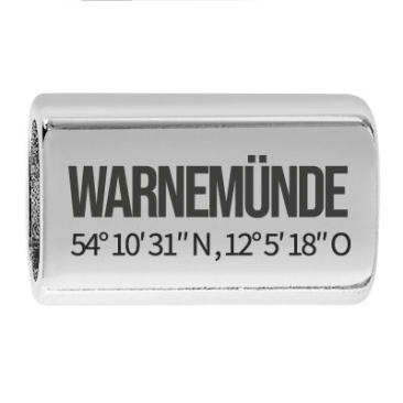 Long intermediate piece with engraving "Warnemünde with coordinates", 22.0 x 13.0 mm, silver-plated, suitable for 5 mm sail rope