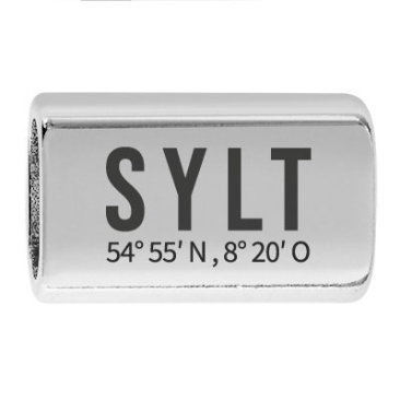 Long intermediate piece with engraving "Sylt with coordinates", 22.0 x 13.0 mm, silver-plated, suitable for 5 mm sail rope