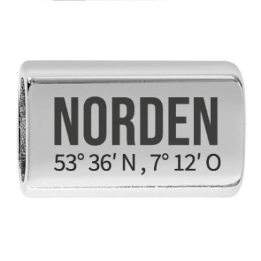 Langes Zwischenstück mit Gravur "Norden mit Koordinaten", 22,0 x 13,0 mm, versilbert, geeignet für 5 mm Segelseil