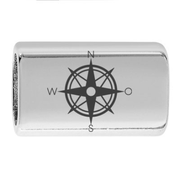 Long intermediate piece with engraving "Compass rose", 22.0 x 13.0 mm, silver-plated, suitable for 5 mm sail rope