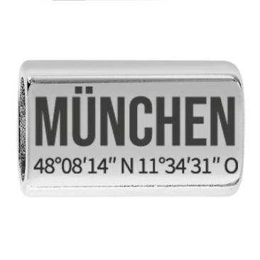 Longue pièce intermédiaire avec gravure "München", 22,0 x 13,0 mm, argentée, convient pour corde à voile de 5 mm