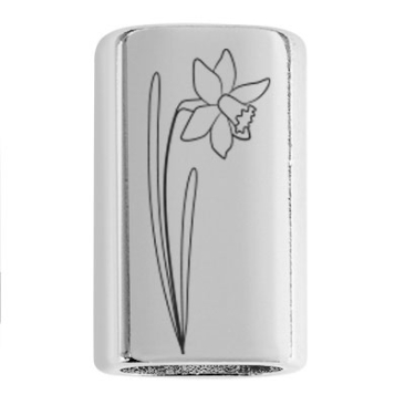 Langes Zwischenstück mit Gravur Geburtsblume Monat März Narzisse, versilbert, 22,0 x 13,0 mm, geeignet für 5 mm Segelseil