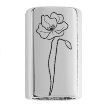 Langes Zwischenstück mit Gravur Geburtsblume Monat August Mohn, versilbert, 22,0 x 13,0 mm, geeignet für 5 mm Segelseil