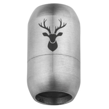 Fermoir magnétique en acier fin pour rubans de 8 mm, dimensions du fermoir 21 x 12 mm, motif tête de cerf, argenté