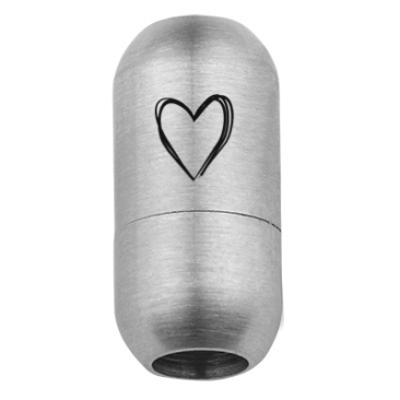 Edelstahl Magnetverschluss für 5 mm Bänder, Verschlussgröße 18,5 x 9 mm, Motiv Herz, silberfarben