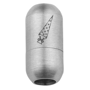 Edelstahl Magnetverschluss für 5 mm Bänder, Verschlussgröße 18,5 x 9 mm, Motiv Schultüte, silberfarben