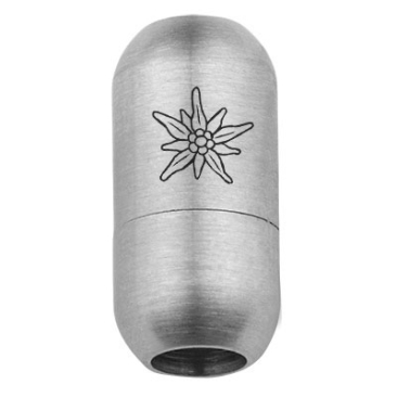 Edelstahl Magnetverschluss für 5 mm Bänder, Verschlussgröße 18,5 x 9 mm, Motiv Edelweiß, silberfarben