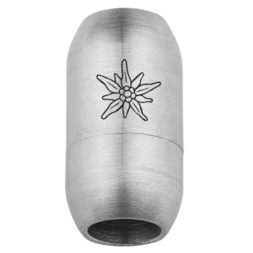 Edelstahl Magnetverschluss für 6 mm Bänder, Verschlussgröße 19 x 10 mm, Motiv Herz mit Edelweiß, silberfarben