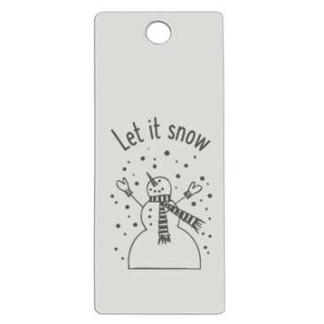 Pendentif en acier inoxydable, rectangle, 16 x 38 mm, motif : Let it snow avec bonhomme de neige, argenté
