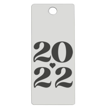 Pendentif en acier inoxydable, rectangle, 16 x 38 mm, motif : 2022, argenté