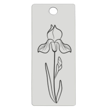 Edelstahl Anhänger, Rechteck, 16 x 38 mm, Motiv Geburtsblume Februar "Iris", silberfarben