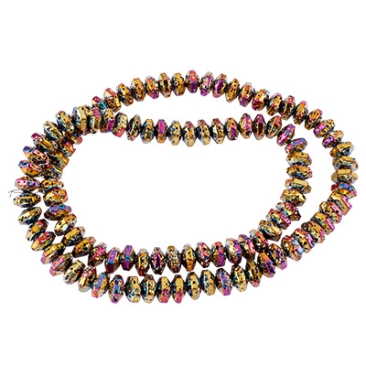 Brin de perles de lave hexagonales, galvanisées en couleur, 6,5x7,5x4 mm, perçage : 1,2 mm, longueur environ 40 cm ( environ 100 perles)
